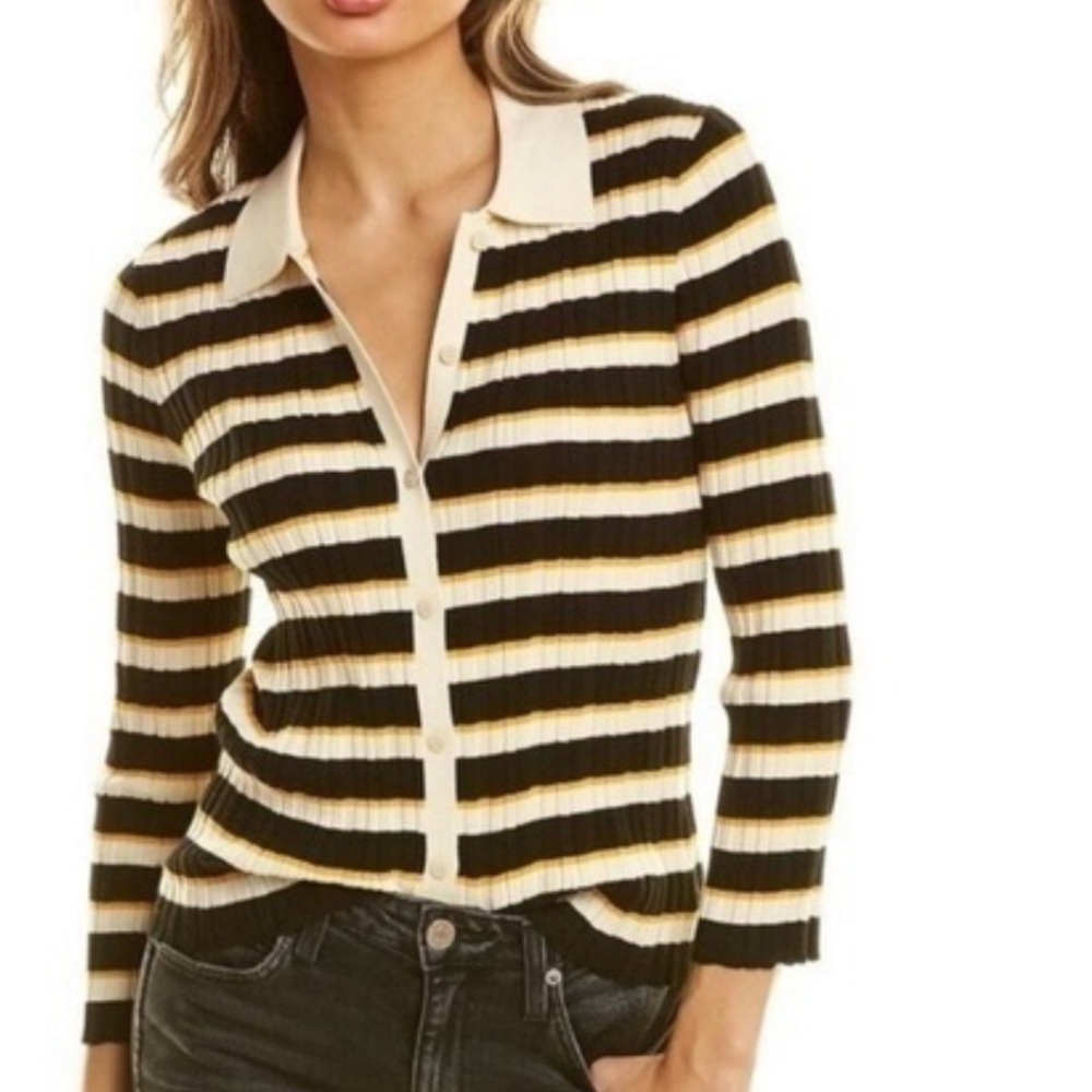 Theory Deep V Cardi Hudson Stripe Cotton Button Down Cardigan Sweater P XS